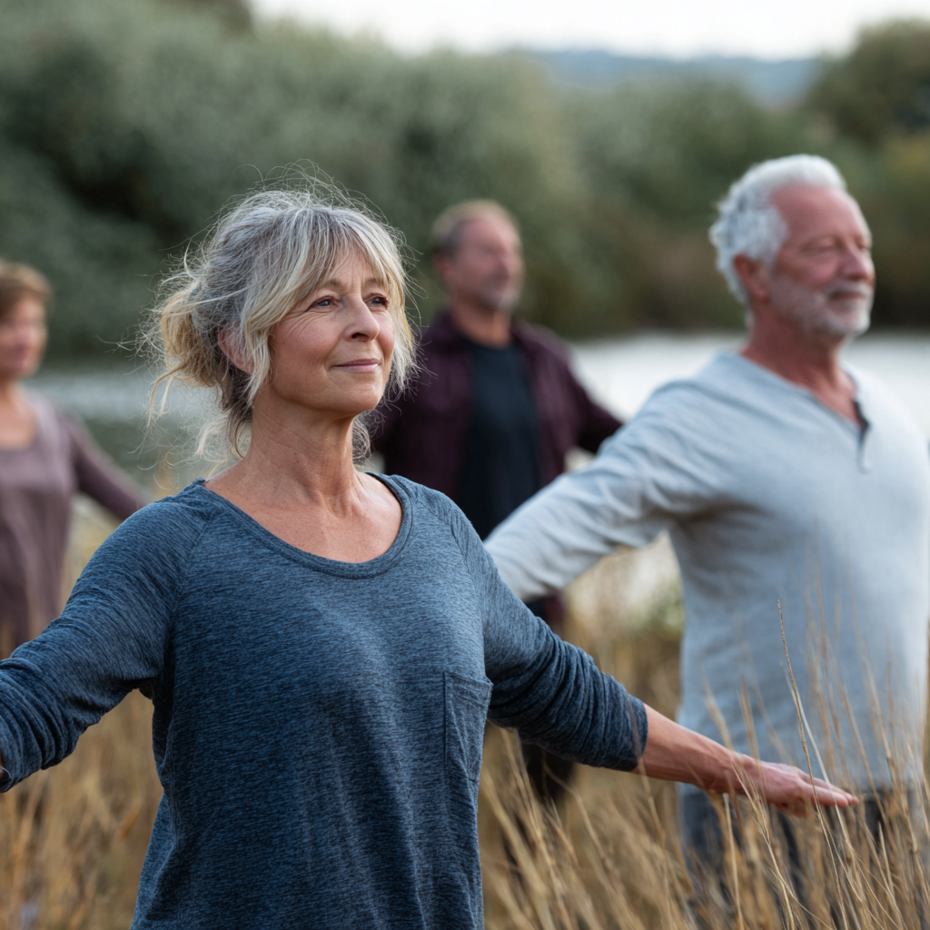 Middle-aged adults practicing gentle movement exercises in natural setting